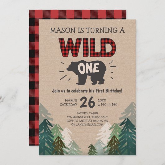 Lumberjack Verjaardag Uitnodiging Wild One Forest (Voorkant / Achterkant)