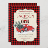 LUMBERJACK verjaardagsuitnodiging / rode vrachtwag Kaart (Voorkant / Achterkant)