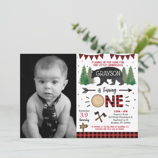 Lumberjack Wild 1 1e eerste Birthday-uitnodigingen Kaart (Staand voorkant)