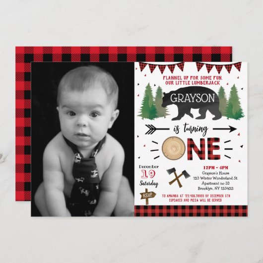 Lumberjack Wild 1 1e eerste Birthday-uitnodigingen Kaart (Voorkant / Achterkant)