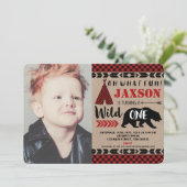 Lumberjack wild een 1e verjaardag jongen foto kaart (Staand voorkant)