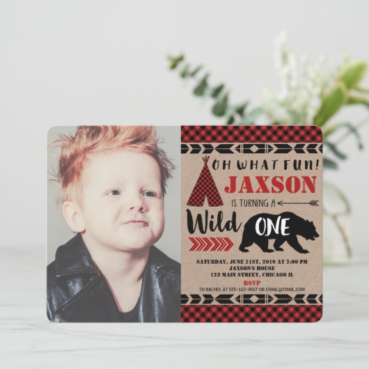 Lumberjack wild een 1e verjaardag jongen foto kaart (Staand voorkant)