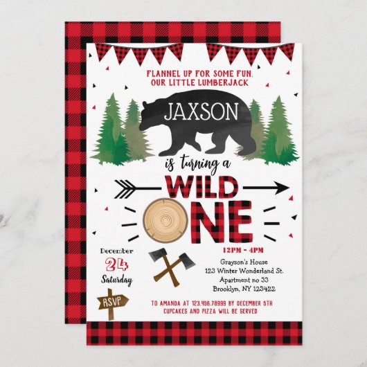 Lumberjack Wild One First Birthday Invitations Kaart (Voorkant / Achterkant)