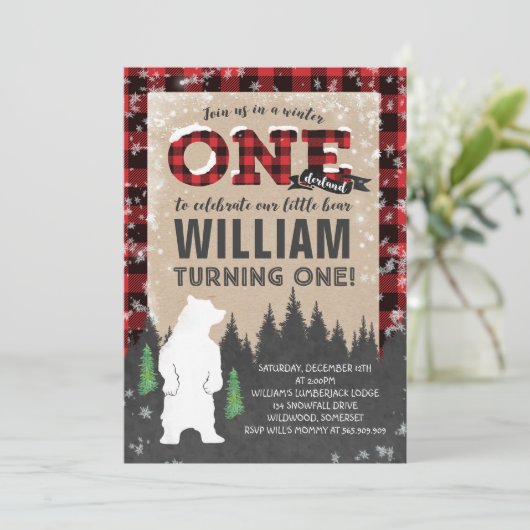 Lumberjack Winter ONEderland Birthday Uitnodiging (Staand voorkant)