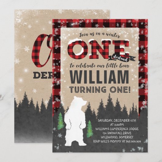 Lumberjack Winter ONEderland Birthday Uitnodiging (Voorkant / Achterkant)