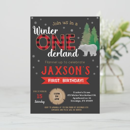 Lumberjack Winter Onederland Birthday Uitnodiginge Kaart (Staand voorkant)