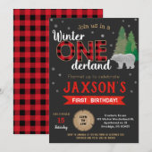 Lumberjack Winter Onederland Birthday Uitnodiginge Kaart (Voorkant / Achterkant)