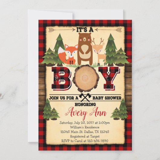 Lumberjack Woodland Baby shower Uitnodiging (Voorkant)