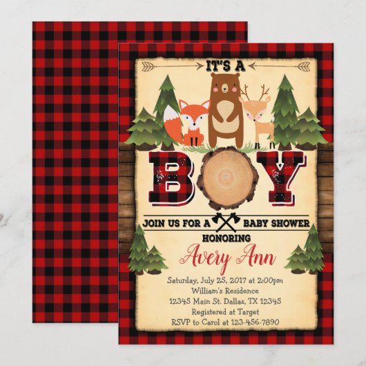 Lumberjack Woodland Baby shower Uitnodiging (Voorkant / Achterkant)