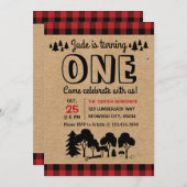 Lumberjack Woodland Boy First Birthday uitnodiging (Voorkant / Achterkant)
