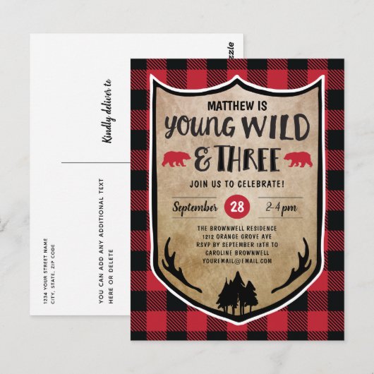 Lumberjack Young Wild and Three Birthday Party Briefkaart (Voorkant / Achterkant)