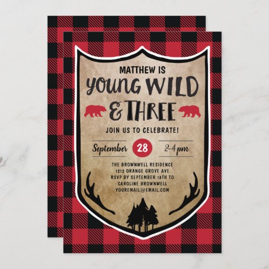 Lumberjack Young Wild and Three Birthday Party Kaart (Voorkant / Achterkant)
