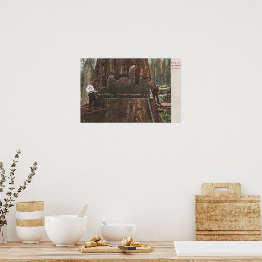 Lumberjacks die een sequoiaboom uitsnijden poster (Keuken)