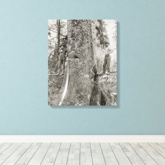 Lumberjacks met Giant Fir, 1905. foto Canvas Afdruk (Insitu (Houten vloer))