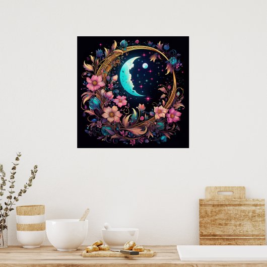 luminescente bloemenhalve maan poster (Keuken)