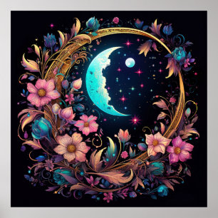 luminescente bloemenhalve maan poster