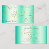 Lumineuze Blauwgroen Gold  Corner Border Initialen Visitekaartje (Voorkant / Achterkant)