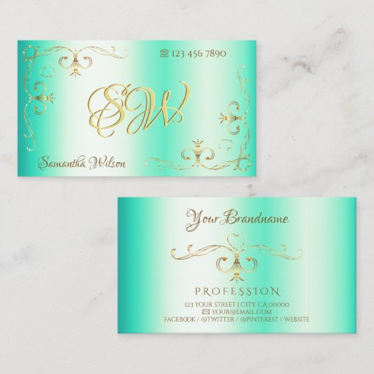 Lumineuze Blauwgroen Gold  Corner Border Initialen Visitekaartje (Voorkant / Achterkant)