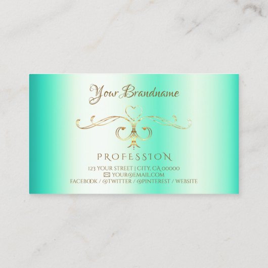 Lumineuze Blauwgroen Gold  Corner Border Initialen Visitekaartje (Achterkant)