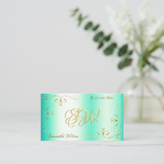 Lumineuze Blauwgroen Gold  Corner Border Initialen Visitekaartje (Staand voorkant)
