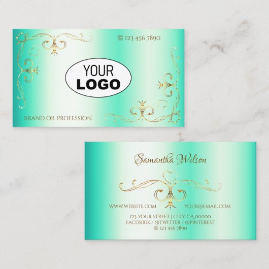 Lumineuze Blauwgroen Gold  hoek rand met Logo Visitekaartje (Voorkant / Achterkant)