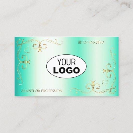 Lumineuze Blauwgroen Gold  hoek rand met Logo Visitekaartje (Voorkant)