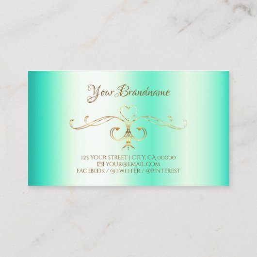 Lumineuze Blauwgroen Golden  Corner Border Initial Visitekaartje (Achterkant)