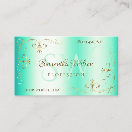 Lumineuze Blauwgroen Golden  Corner Border Initial Visitekaartje (Voorkant)
