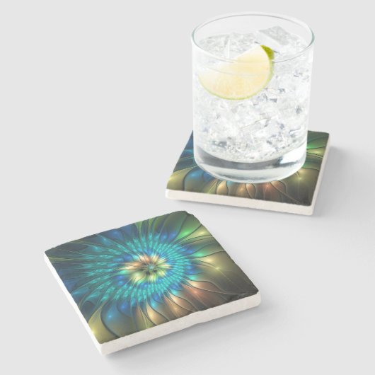 Lumineuze Fantasevloer, kleurrijk Abstract fractal Stenen Onderzetter (Zijkant)