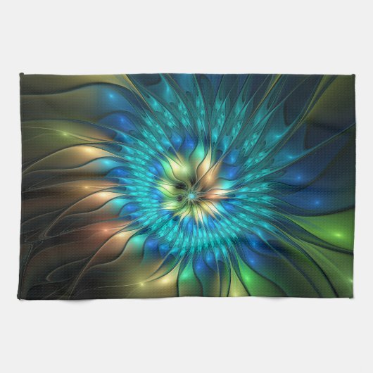 Lumineuze Fantasevloer, kleurrijk Abstract fractal Theedoek (Horizontaal)