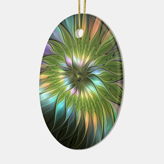 Lumineuze kleurrijke Fantasevloeistof fractal oval Keramisch Ornament (Links)