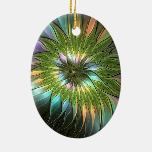 Lumineuze kleurrijke Fantasevloeistof fractal oval Keramisch Ornament (Achterkant)