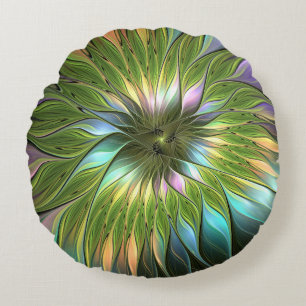 Lumineuze Kleurrijke Fantasie Bloem Fractale Kunst Rond Kussen