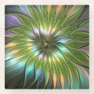 Lumineuze kleurrijke Fantasy Flower Fractal Art Glazen Onderzetter