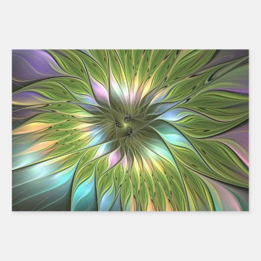 Lumineuze kleurrijke Fantasy Flower Fractal Art Inpakpapier Vel (Voorkant)