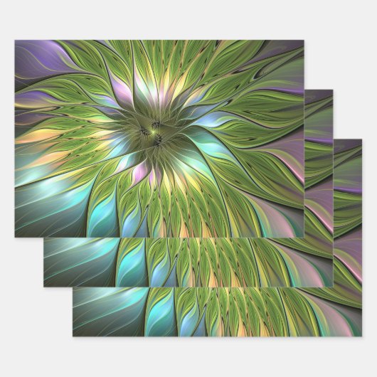 Lumineuze kleurrijke Fantasy Flower Fractal Art Inpakpapier Vel (Set)