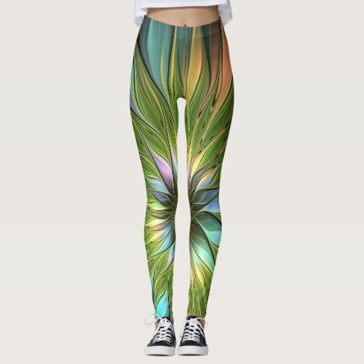 Lumineuze kleurrijke Fantasy Flower Fractal Art Leggings (Voorkant)