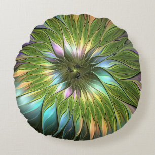 Lumineuze kleurrijke Fantasy Flower Fractal Art Rond Kussen
