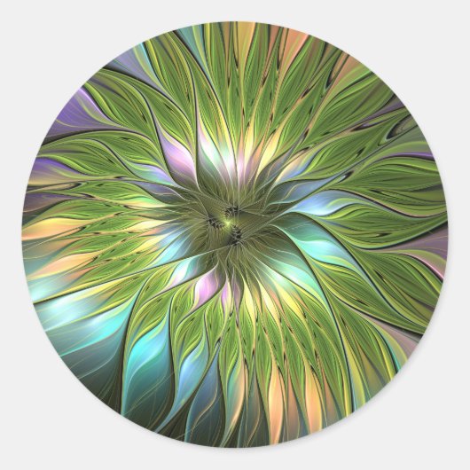 Lumineuze kleurrijke Fantasy Flower Fractal Art Ronde Sticker (Voorkant)