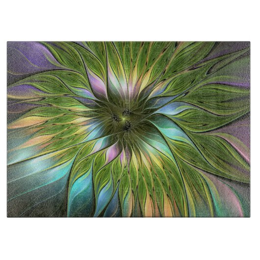 Lumineuze kleurrijke Fantasy Flower Fractal Art Snijplank (Voorkant)