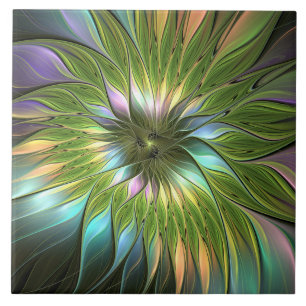 Lumineuze kleurrijke Fantasy Flower Fractal Art Tegeltje