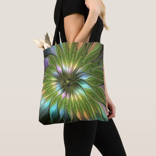 Lumineuze kleurrijke Fantasy Flower Fractal Art Tote Bag (Dichtbij)