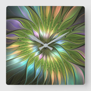 Lumineuze kleurrijke Fantasy Flower Fractal Art Vierkante Klok