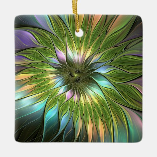 Lumineuze kleurrijke Fantasy Flower Fractal Square Keramisch Ornament (Voorkant)