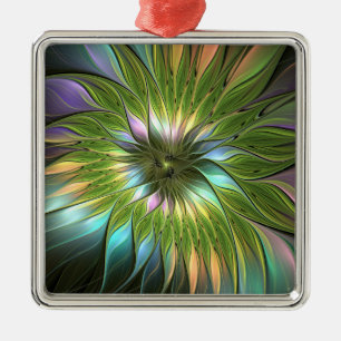 Lumineuze kleurrijke Fantasy Flower Fractal Square Metalen Ornament