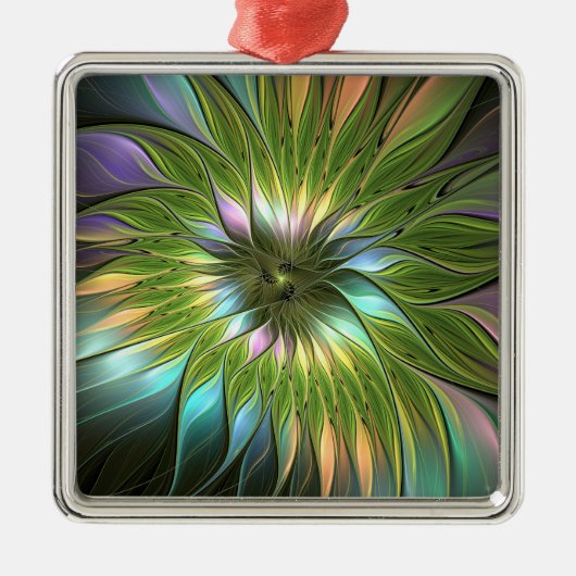 Lumineuze kleurrijke Fantasy Flower Fractal Square Metalen Ornament (Voorkant)