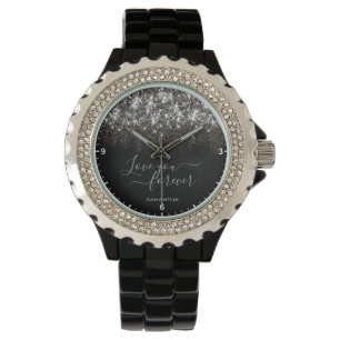 Lumineuze Platinum Silver Glitter Elegant Name Tex Horloge