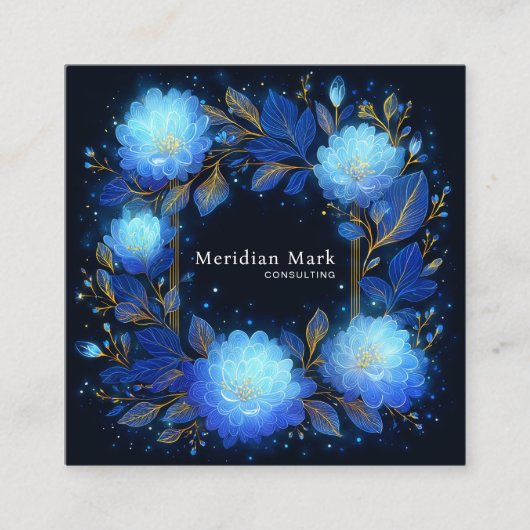 Luminous Blue Floral Gold Celestial Flower Frame Vierkante Visitekaartje (Voorkant)