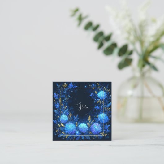 Luminous Blue Floral Gold Celestial Frame Midnight Vierkante Visitekaartje (Staand voorkant)