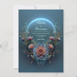 Luminous Blue Halo Midnight Teal Bloom Wedding Kaart